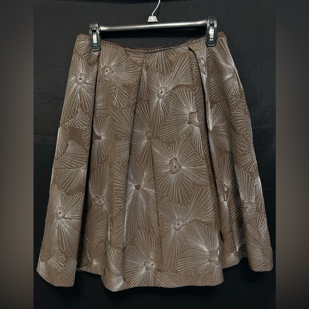 Talbots Petites Womens Pure Silk Pleated Skirt Size 10P Brown Silver Floral